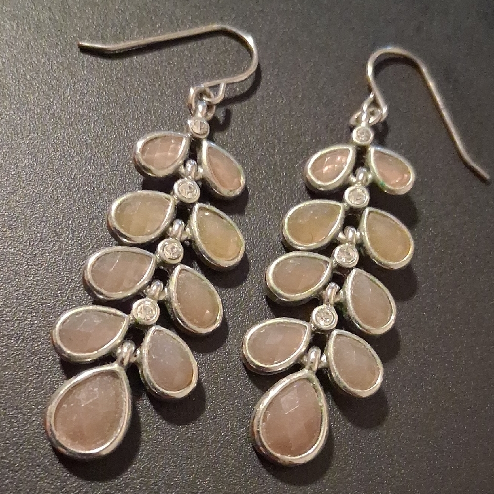 Elegant Silver and Pink Rose Quartz Leaf dangle Earrings Free Flowing